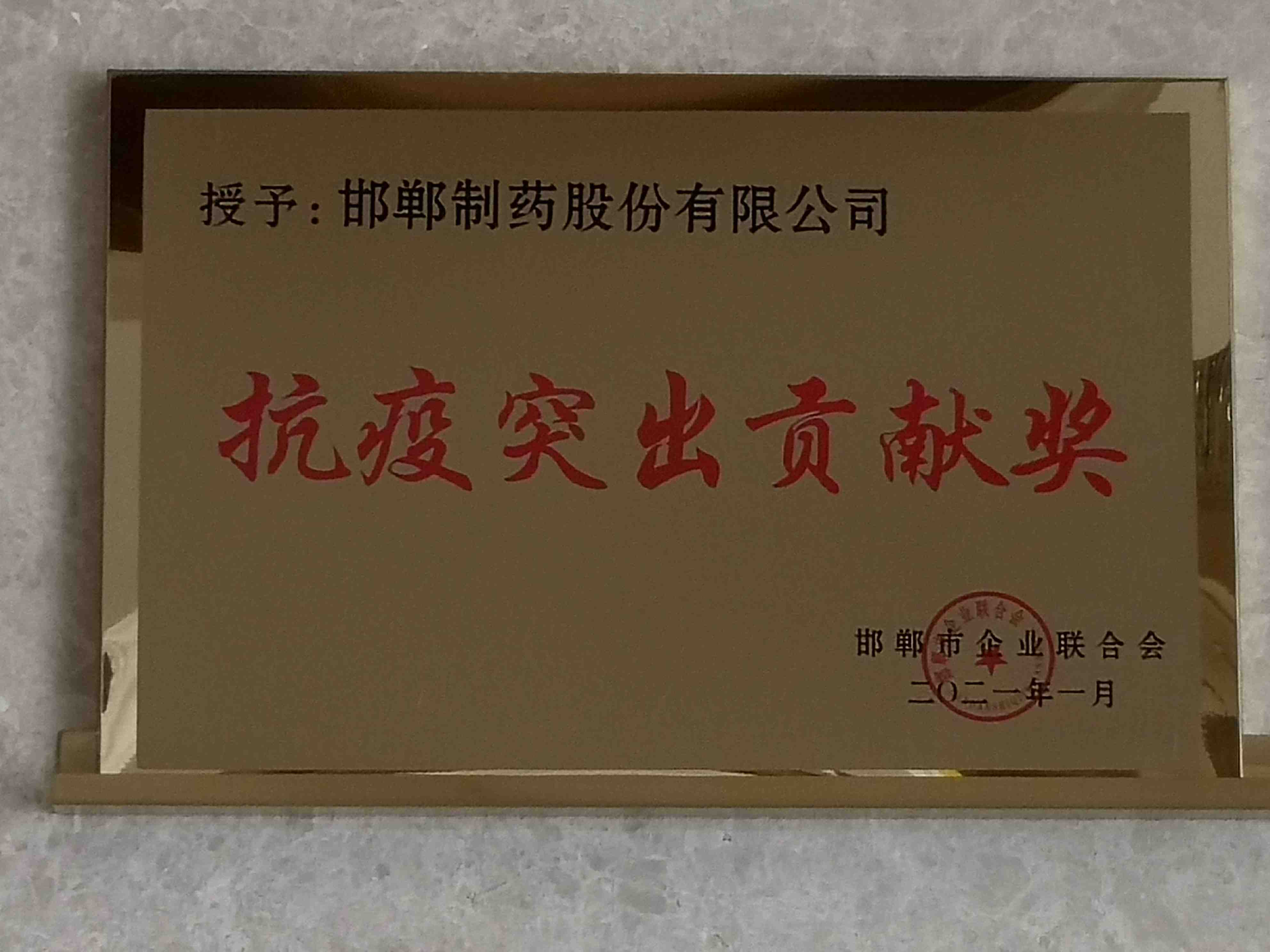 2021年 邯鄲市企業聯合會授予【抗疫突出貢獻獎】